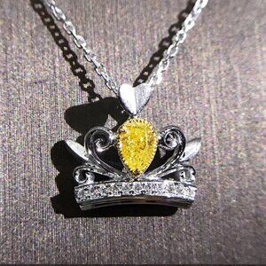 🎁Lovely Crown Shape Yellow Crystal Pur Pear Zircon Silver Necklace, UNVN12409